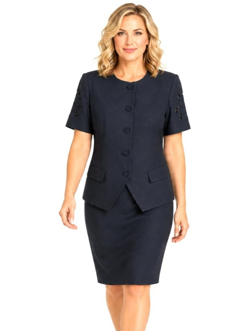 Leslie Fay Skirt Suit Size 12 Black Short Sleeves Cut Outs Faux Flap Pockets